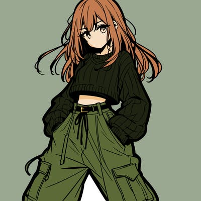 anime teen girl with baggy pants and crop top with sweater