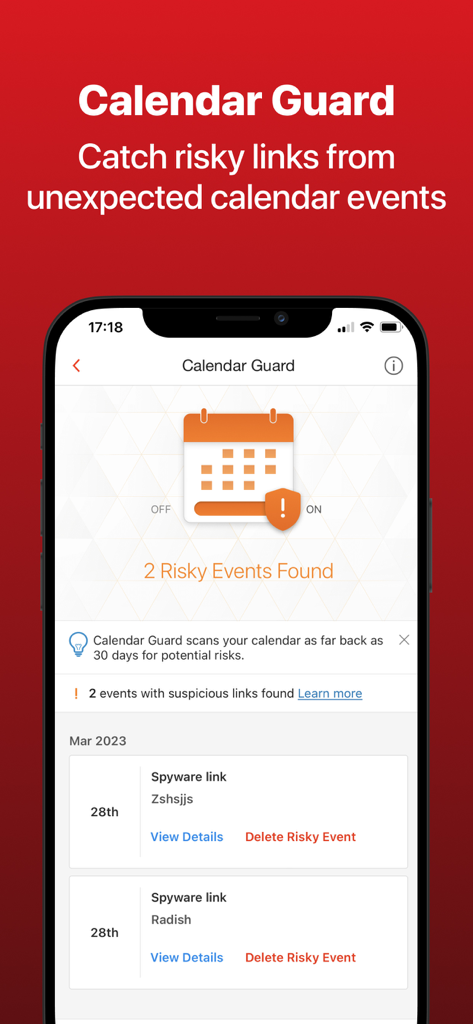 Trend Micro Mobile Security - Aplicación Trend Micro Mobile Security que muestra la función Calendar Guard, que ha encontrado dos eventos de riesgo con enlaces de spyware en un iPhone