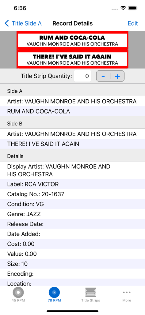 My Vinyl for Jukebox Owners - Record details screen in the My Vinyl app showing a jazz record entry and a preview of printed jukebox title strips