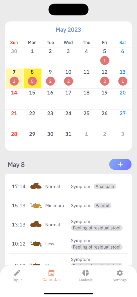 Simple Poop Tracker의 캘린더 화면, 월별 배변 빈도 및 일일 증상 기록 표시