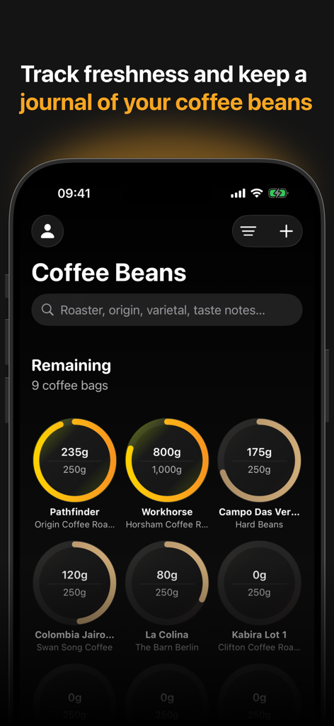 Filtru: Brew the best coffee - Interface of Filtru app showing tracking and journal of coffee bean inventory