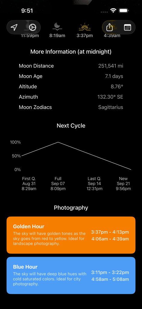 My Moon Phase - Lunar Calendar - My Moon Phase app displaying lunar cycle data and golden hour times for photography.