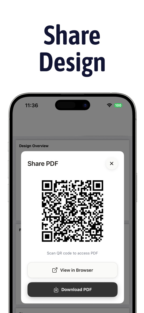 Closet Design App - A smartphone screen displaying a QR code and options to share or download a closet design PDF.