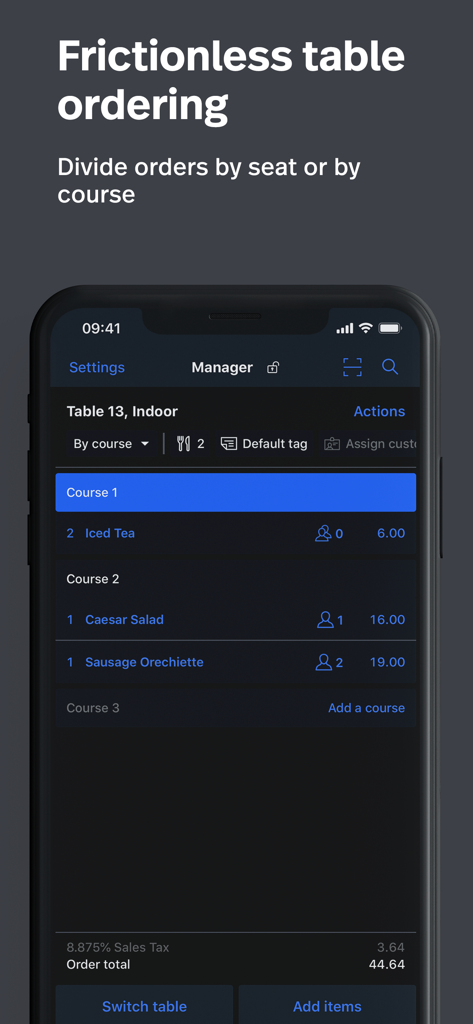 コースと席ごとにテーブル注文が表示されるLightspeed Restaurant POSモバイルインターフェース。