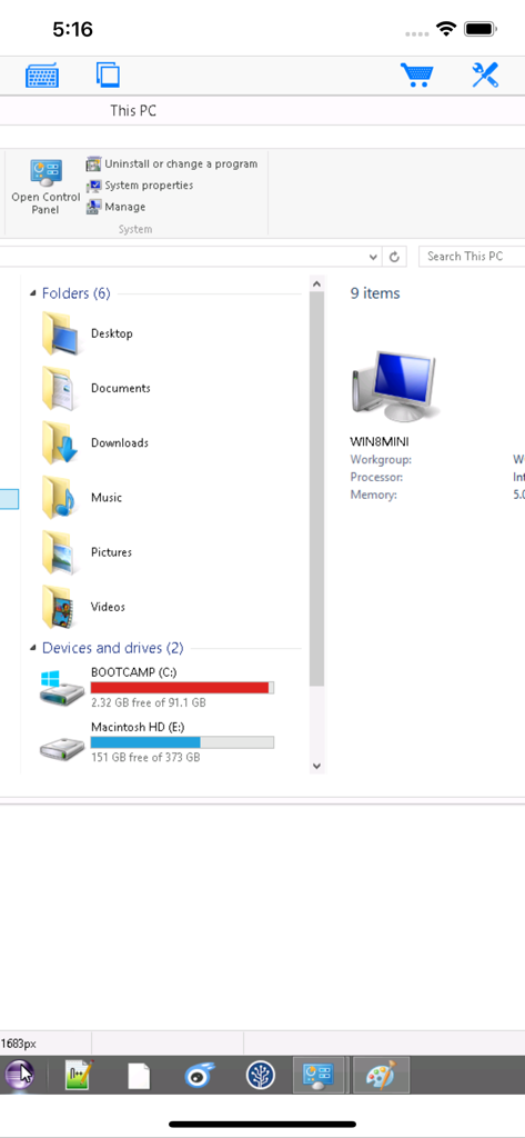 Vista del explorador de archivos de Windows en la aplicación de escritorio remoto Connect My PC.