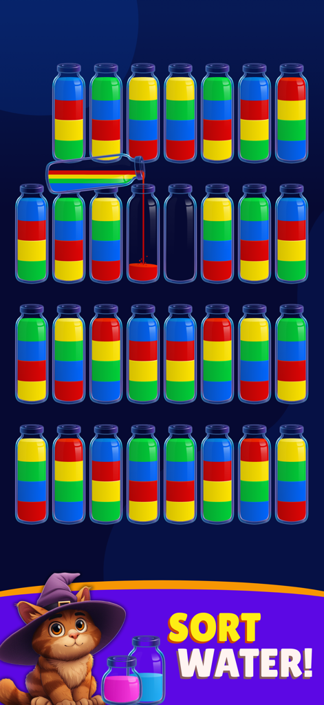 Magic Sort: Water Sort Puzzle - Gameplay von Magic Sort, das gefärbte Flüssigkeiten zeigt, die in Glasflaschen gegossen werden, mit einer Zauberer-Katzenfigur