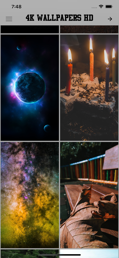 App interface showing a gallery of high resolution 4K wallpapers including space and lifestyle images