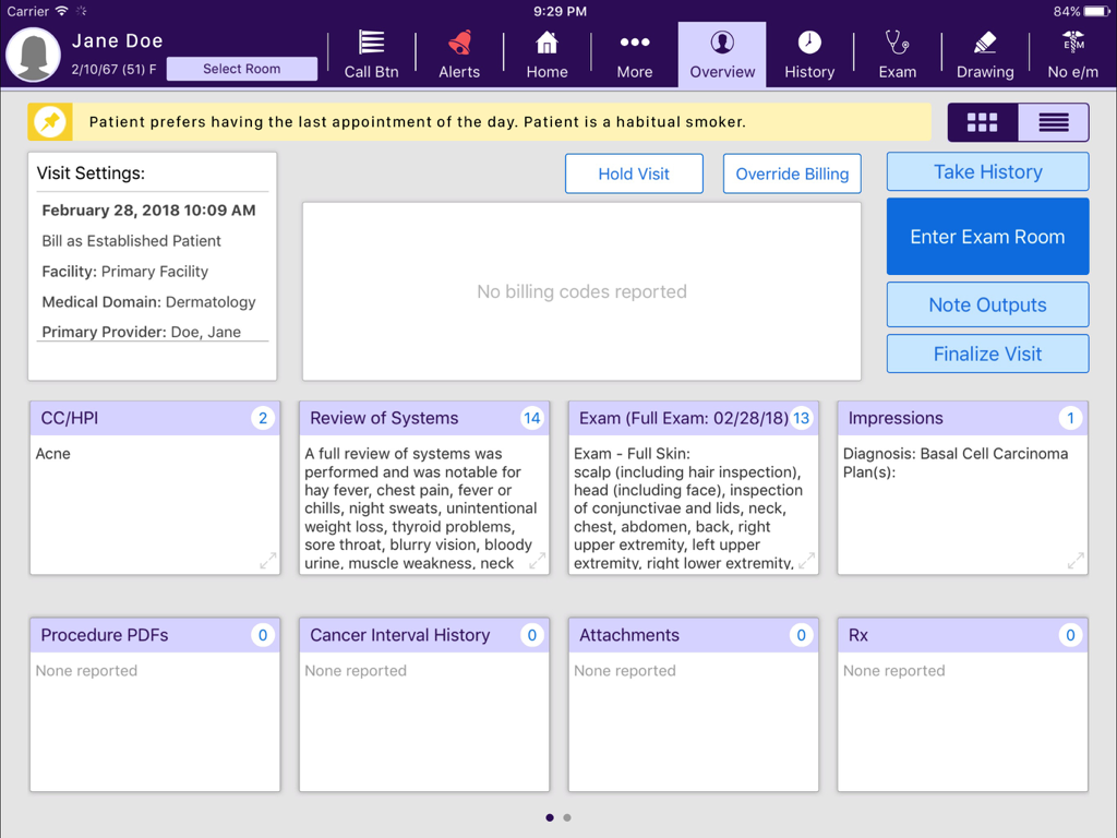 ModMed Practice Sandbox - Dermatology patient visit summary and documentation screen on ModMed Practice Sandbox