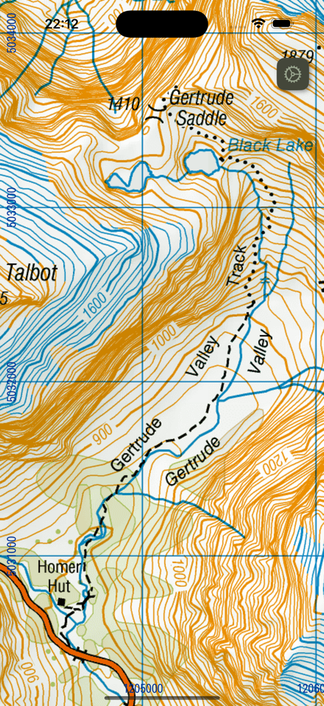 MapApp NZ South Island - Detailed topographic map of Gertrude Saddle in New Zealand South Island showing hiking trails and contour lines