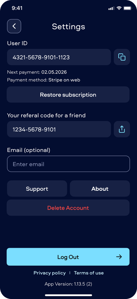 Icegate VPN: Private & Secure - Icegate VPN settings screen showing user ID, subscription status, and log out options.