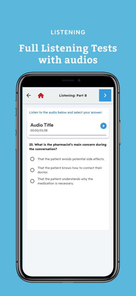 OET Sample Tests - OET mobile app listening test interface showing a medical scenario multiple choice question and audio player