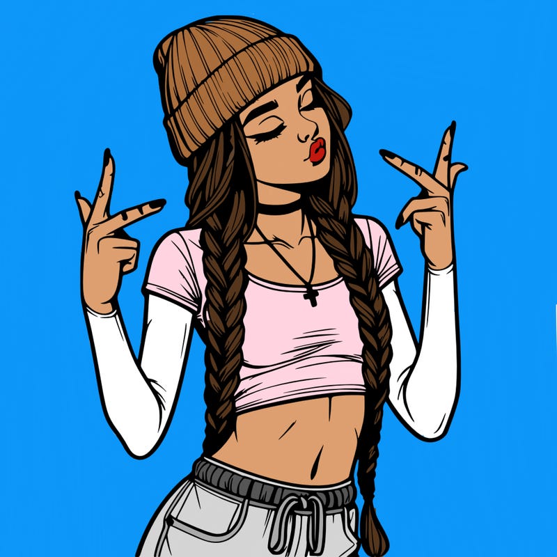 realistic teenage girl with braids and a beanie and crop top doing 🫶🏼