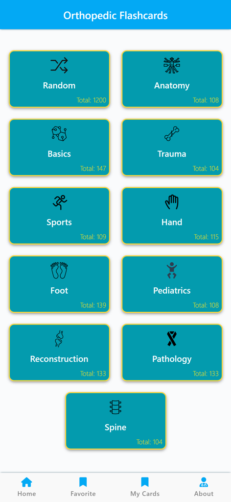 Orthopedic Flash Cards & Notes - Menú principal de la aplicación Tarjetas de memoria de ortopedia que muestra categorías de estudio que incluyen Anatomía, Traumatología y Columna vertebral.