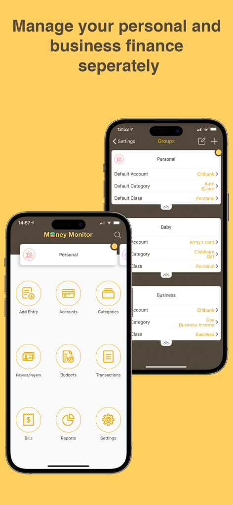 Money Monitor: Expense Tracker - Money Monitor app interface showing separate screens for managing personal and business finances