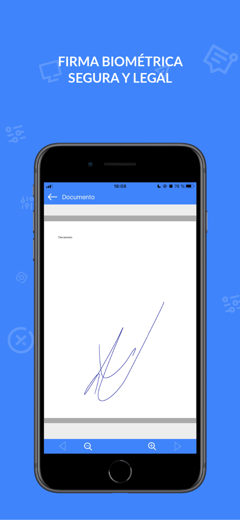 Docuten: Firma electrónica - Smartphone screen showing a handwritten signature on a digital document using Docuten for secure electronic signing.