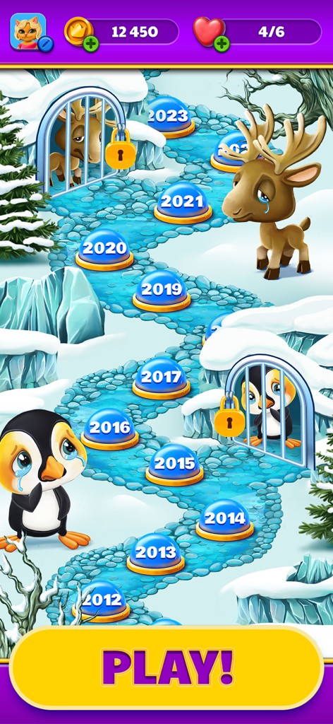 Royal Cat Puzzle - Level map in Royal Cat Puzzle showing a snowy path with caged animals and numbered stages