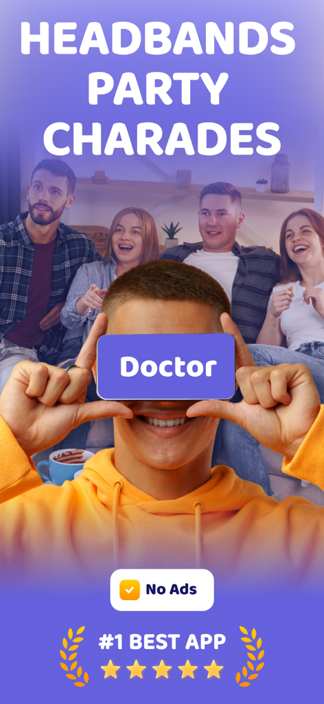 Grupo de amigos jugando al juego Headbands Party Charades con un teléfono en la frente