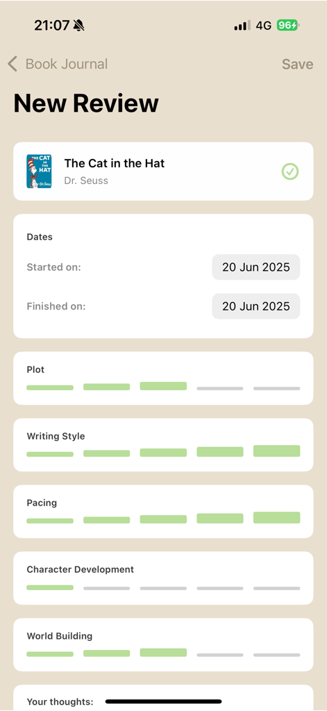 Book Journal - A screenshot of the Book Journal app new review interface with various rating categories.