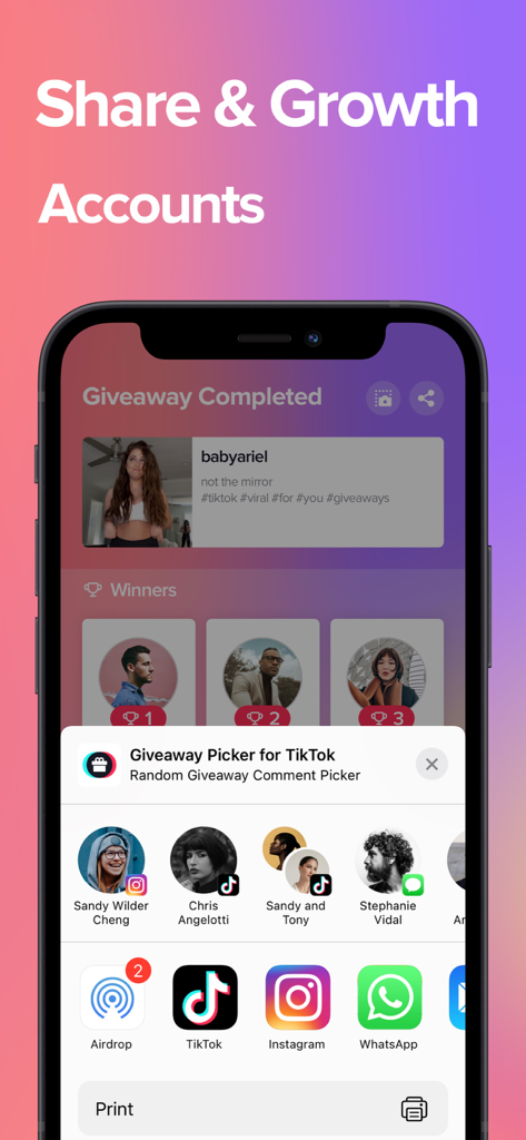 Interface of the Giveaway Picker for TikTok app showing the share sheet to distribute giveaway results on social media platforms like TikTok and Instagram.