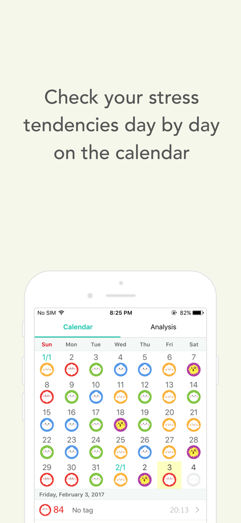 StressScan - check your stress - StressScan App Kalender-Oberfläche verfolgt tägliche Stresslevel mit farbkodierten Symbolen.