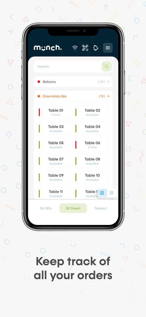 Munch Go mobile POS app interface displaying restaurant table availability and order status