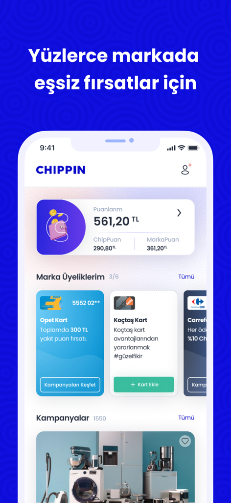 Una captura de pantalla de la interfaz de la aplicación Chippin que muestra la billetera del usuario con puntos de recompensa y tarjetas de fidelización digitales