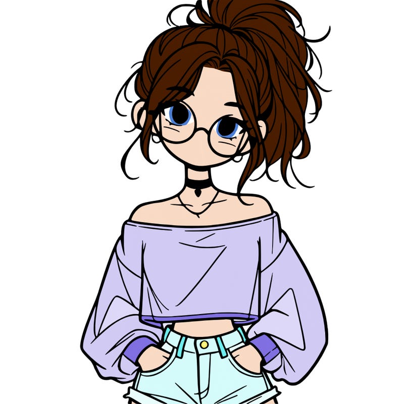 girl with a messy ponytail glasses a baggy crop top and jean shorts