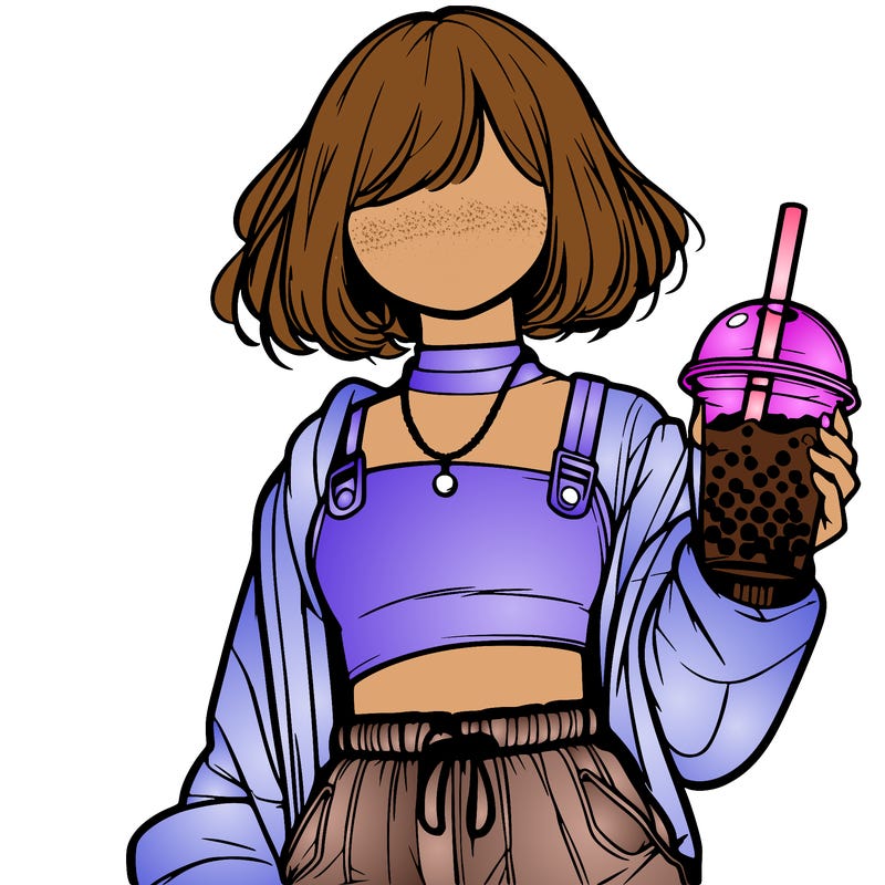 realistic facless girl wearing a crop top and wearing baggy pants drinking boba in her hands