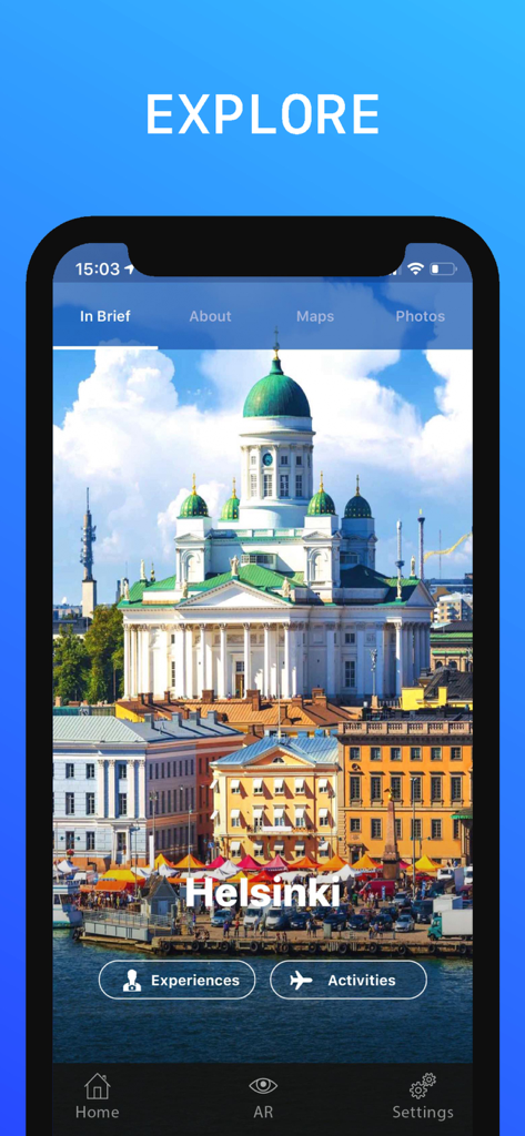 The explore screen of the Helsinki Travel Guide app featuring the Helsinki Cathedral