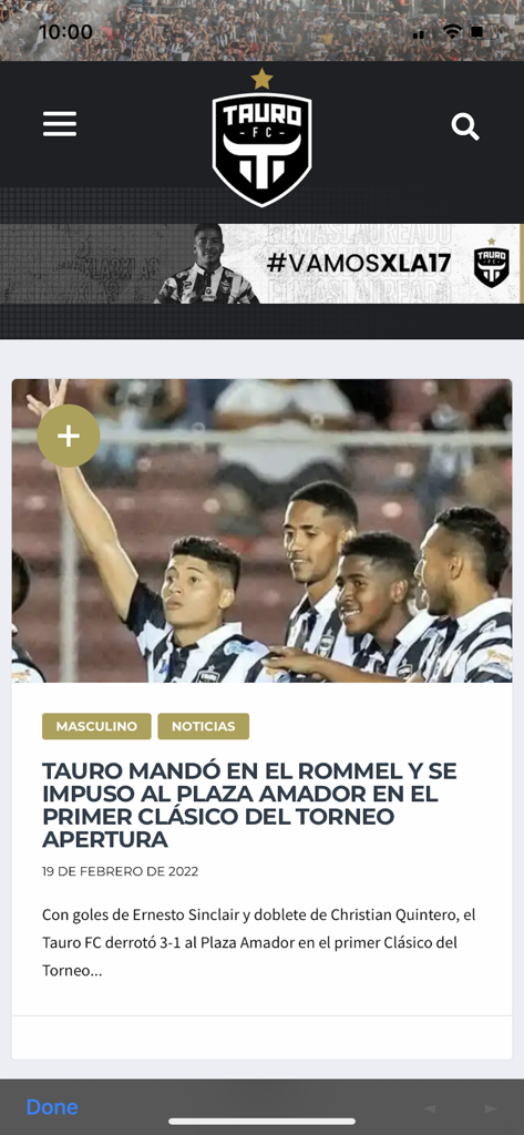 Tauro F.C. - News article interface in the Tauro FC app featuring a football match victory