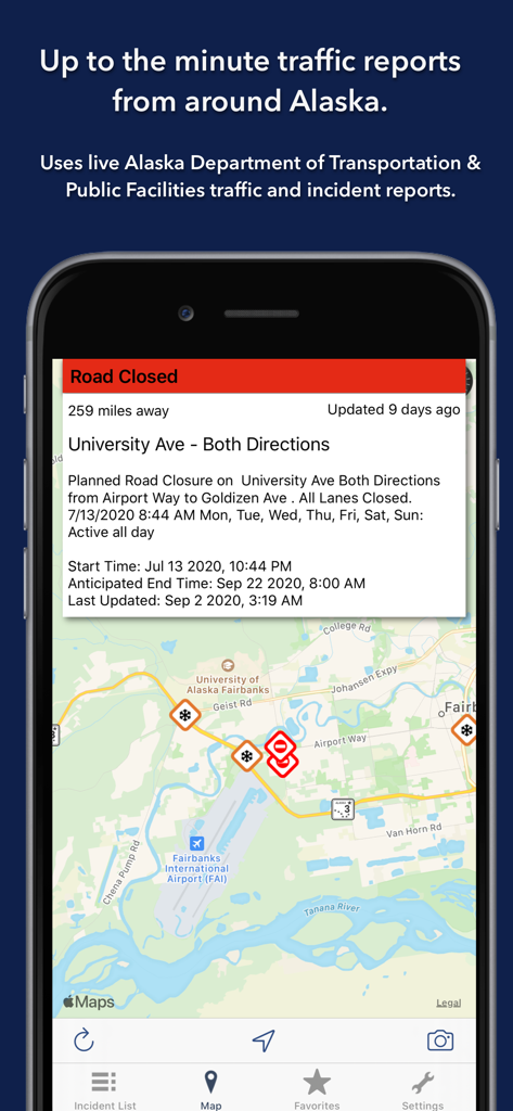 Alaska State Roads - Screenshot of the Alaska State Roads app displaying a map of Fairbanks with a road closure notification and live traffic incident icons.
