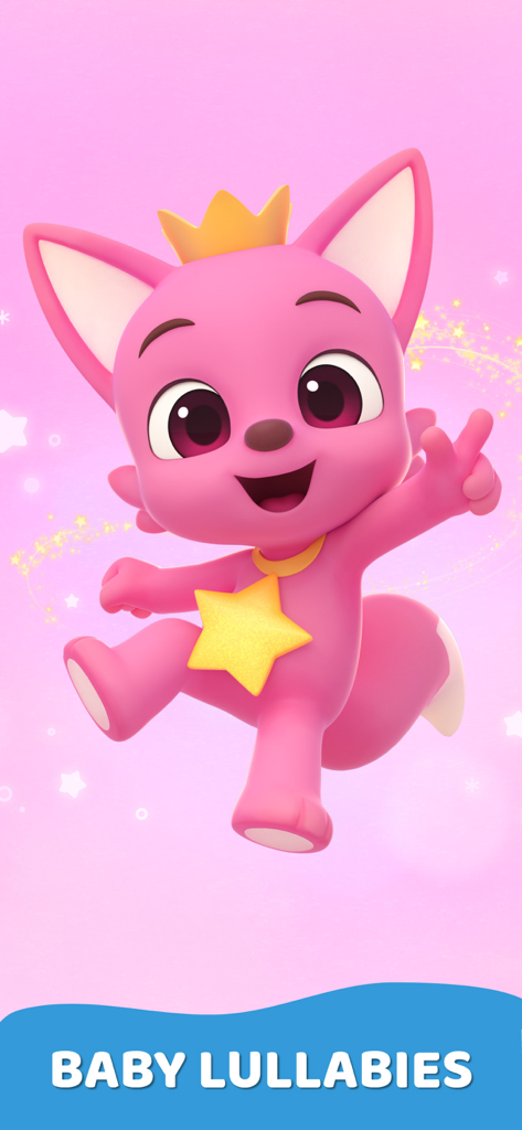Pinkfong-Charakter auf einem rosa Hintergrund mit dem Text Baby Lullabies