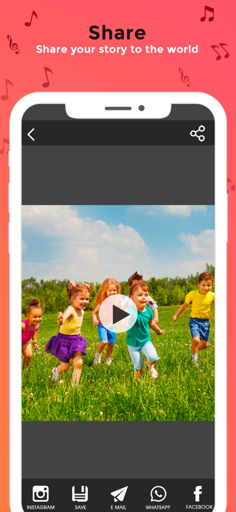 Interface of the Clip Cutter app showing options to share a video of children playing to Instagram, WhatsApp, and Facebook