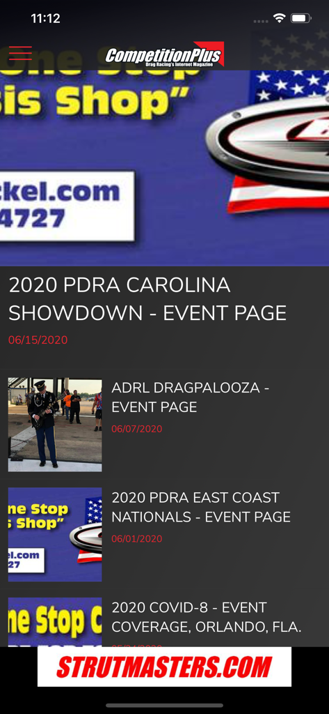 A list of drag racing event coverage and news articles on the Competition Plus mobile app interface.