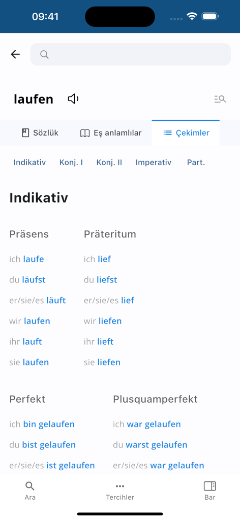 German Turkish Dictionary DeTr - Tabela de conjugação de verbos alemães para a palavra 'laufen' no aplicativo DeTr