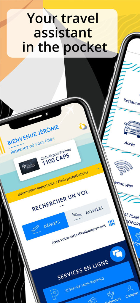 Aéroport Nice Côte d'Azur - Interfaccia dell'app mobile dell'aeroporto di Nizza, assistente di viaggio e tracker dei voli