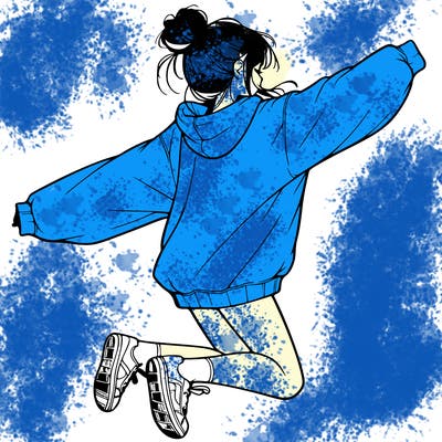 realistic girl jumping with a bun and oversized sweatshirt