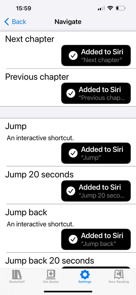 Configuración de navegación de la aplicación BARD Mobile que muestra atajos de Siri para controles de reproducción y navegación de capítulos.