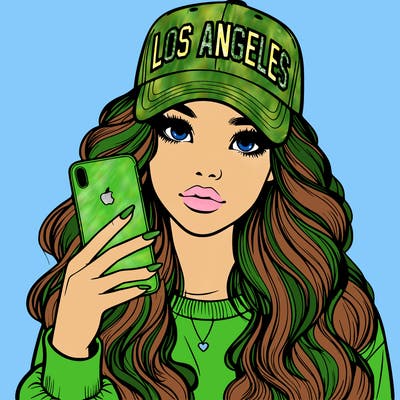 realistic beautiful girl wearing los ángeles cap holding an iphone