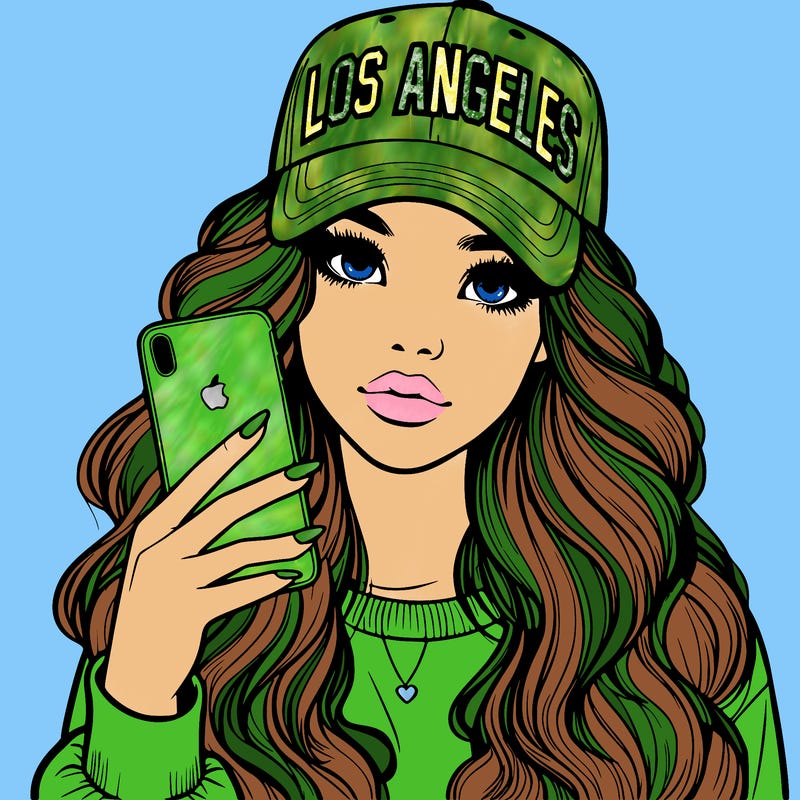 realistic beautiful girl wearing los ángeles cap holding an iphone