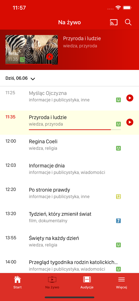 A screenshot of the Trwam TV mobile app displaying a schedule of upcoming live television programs in Polish.
