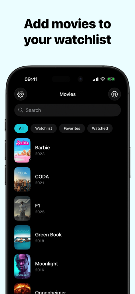 TV Show Tracker – CouchTimes - Interfaz de la aplicación CouchTimes mostrando una lista de seguimiento de películas con títulos como Barbie y Moonlight