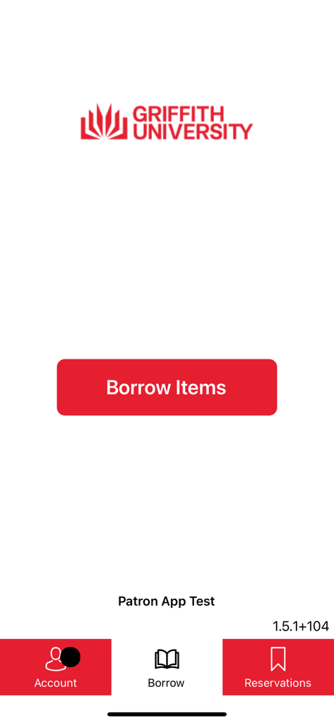 Pantalla de inicio de la aplicación de la Biblioteca de la Universidad de Griffith con un botón rojo para pedir prestados artículos y un menú de navegación inferior.