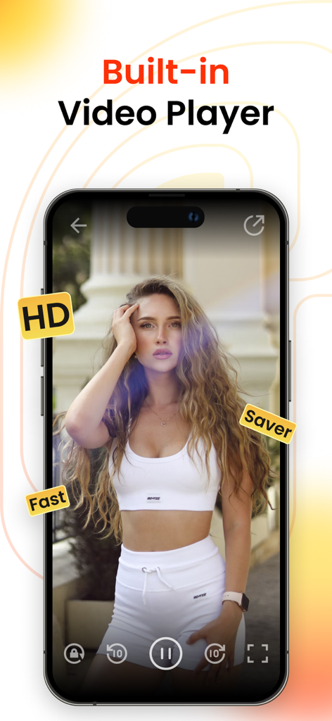 All Video Downloader -RingPlus - Pantalla de smartphone mostrando el reproductor de vídeo HD incorporado de RingPlus con controles de reproducción