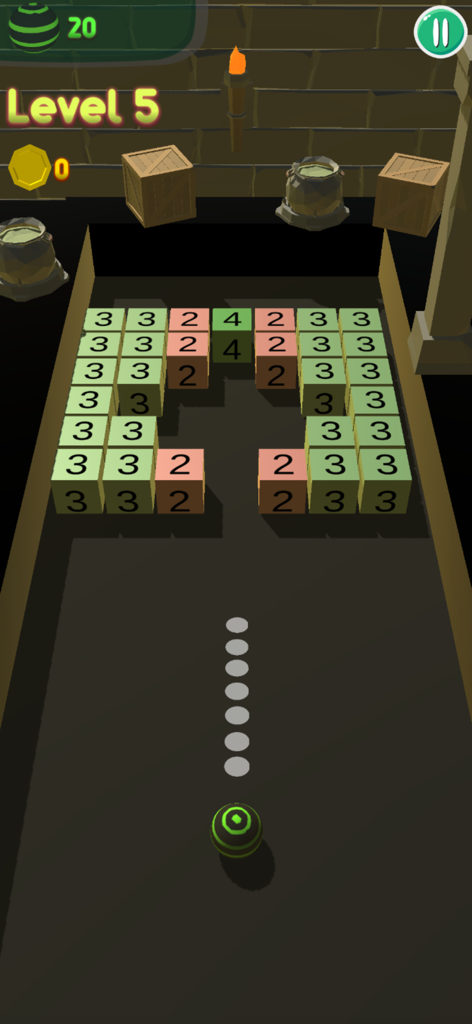 Bricks 3D Breaker - Level 5 gameplay of Bricks 3D Breaker showing a ball aiming at a layout of numbered 3D blocks