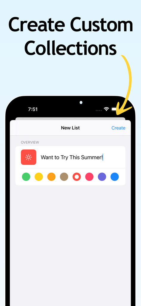 Interface for creating a custom cocktail collection in the Bart app with a personalized title and icon selection