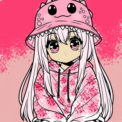 girl with anime shaped eyes with a dinosaur bucket hat oversized sweatshirt long straight hair