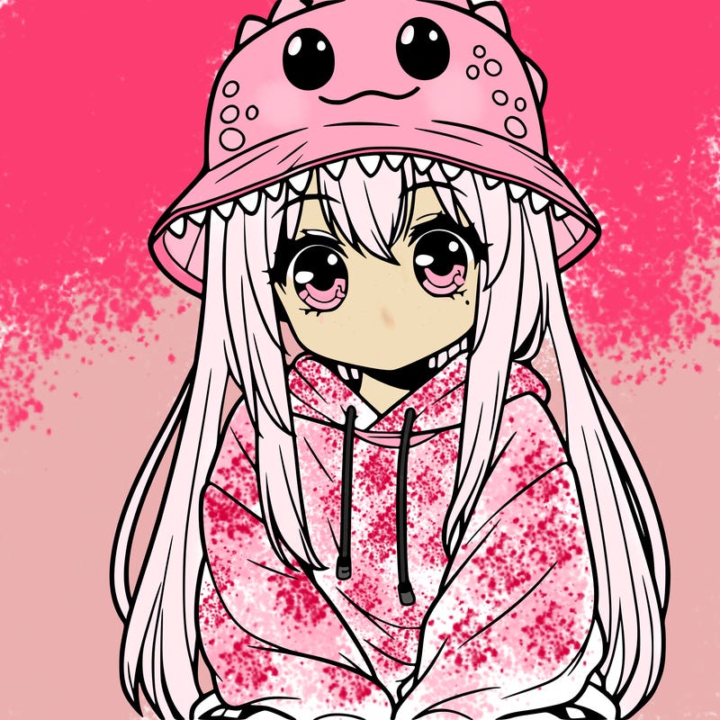 girl with anime shaped eyes with a dinosaur bucket hat oversized sweatshirt long straight hair