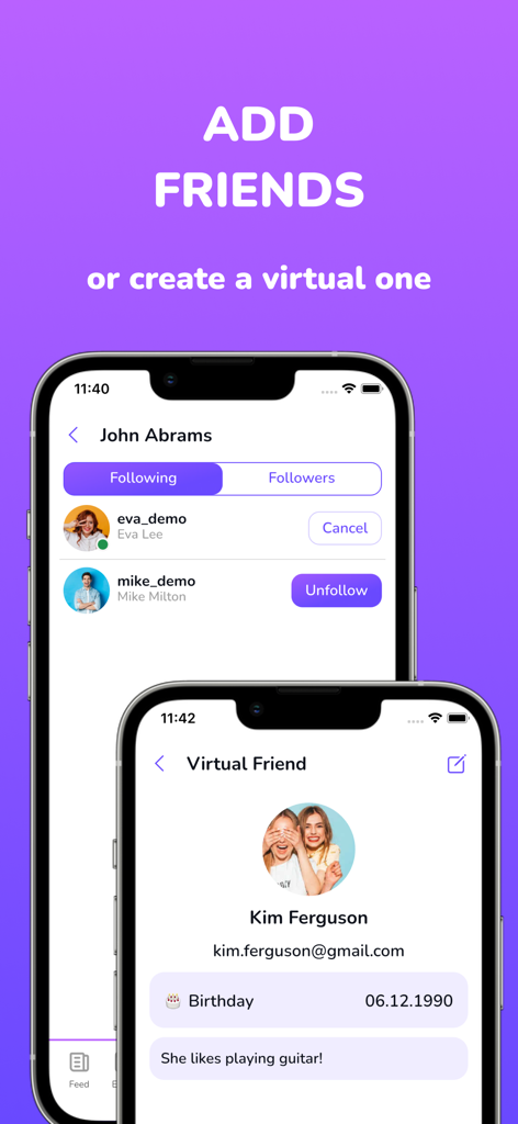 Wishlist Planner - WishSpace - Wishlist Planner app interface showing friend management and virtual profile creation for gift tracking