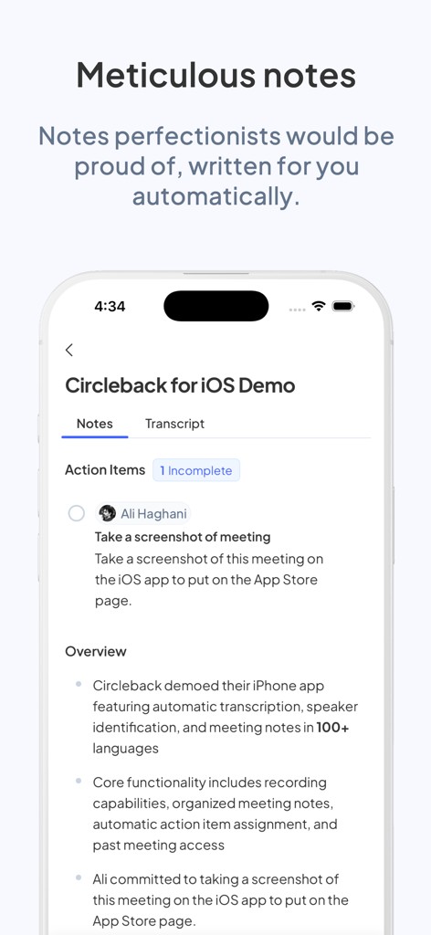 Circleback - AI Meeting Notes - A smartphone screen displaying the Circleback app with automated meeting notes, action items, and an overview of a demo meeting.